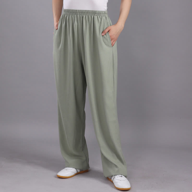 Foviel Sommer Unisex elastische Taille Tai Chi Qigong Praxis Atmungsaktive Hosen mit Taschen