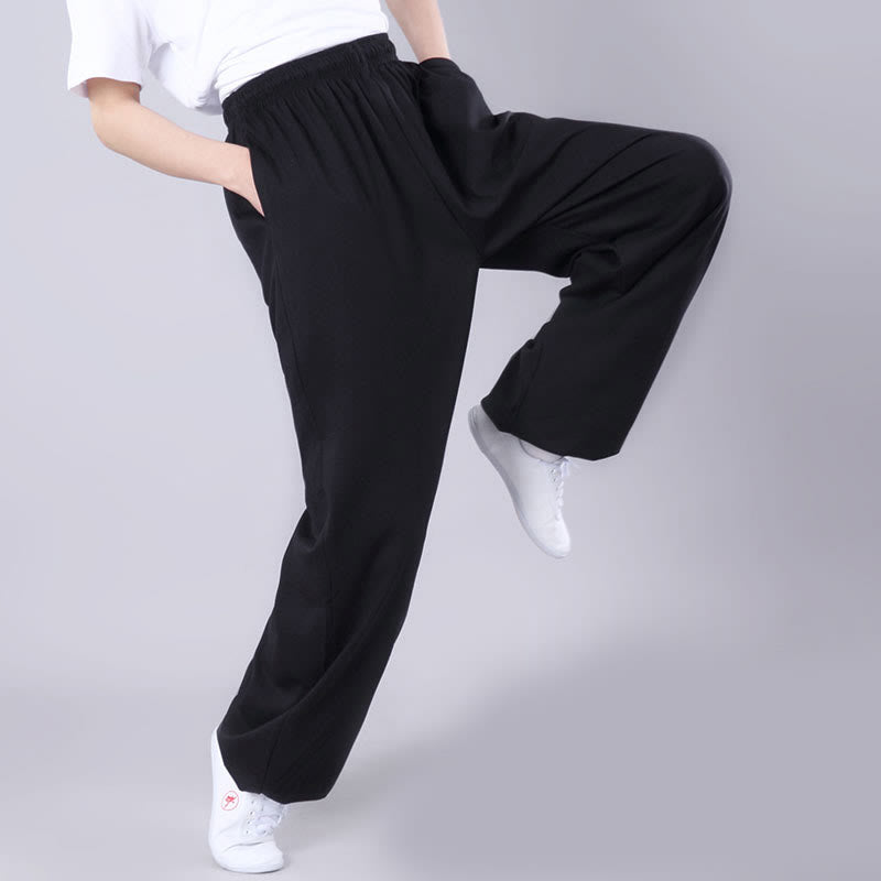 Foviel Sommer Unisex elastische Taille Tai Chi Qigong Praxis Atmungsaktive Hosen mit Taschen