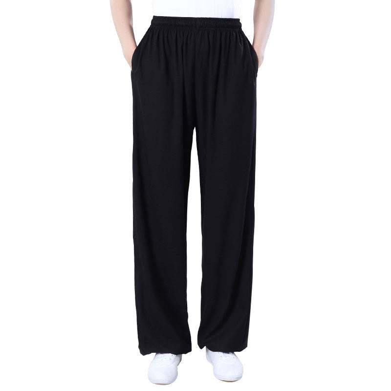 Foviel Sommer Unisex elastische Taille Tai Chi Qigong Praxis Atmungsaktive Hosen mit Taschen
