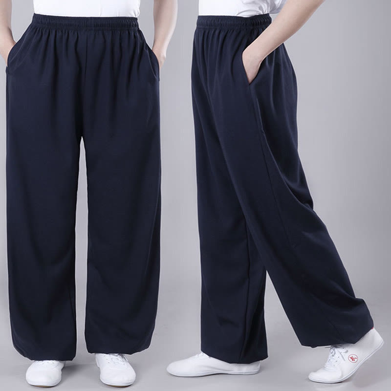 Foviel Sommer Unisex elastische Taille Tai Chi Qigong Praxis Atmungsaktive Hosen mit Taschen
