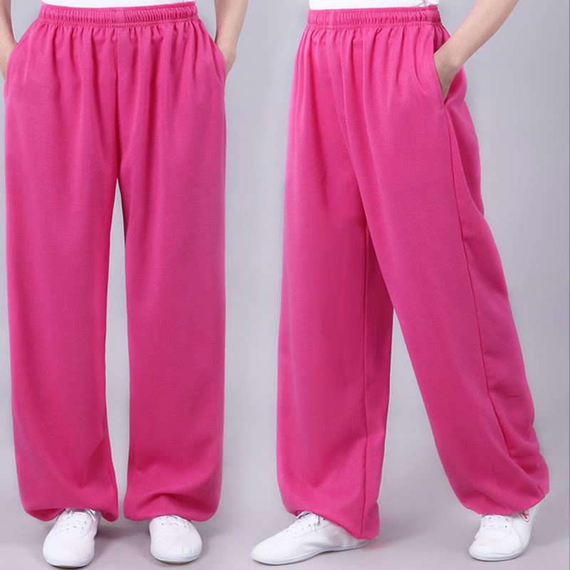 Foviel Sommer Unisex elastische Taille Tai Chi Qigong Praxis Atmungsaktive Hosen mit Taschen