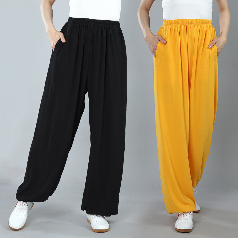 Pantalon de Tai Chi, Kung Fu et Qigong unisexe Foviel pour l'été, taille élastique, en coton respirant avec poches
