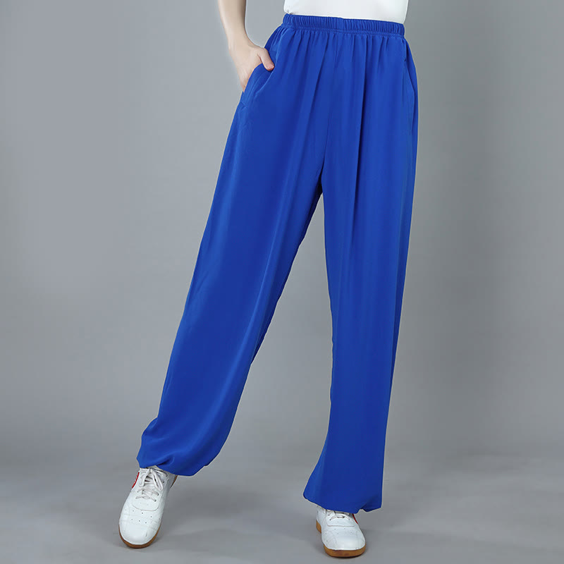 Foviel Sommer Unisex elastische Taille Tai Chi Kung Fu Qigong Praxis Baumwolle Atmungsaktive Hose mit Taschen