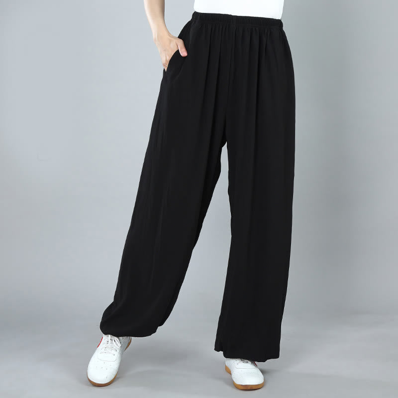 Pantalon de Tai Chi, Kung Fu et Qigong unisexe Foviel pour l'été, taille élastique, en coton respirant avec poches