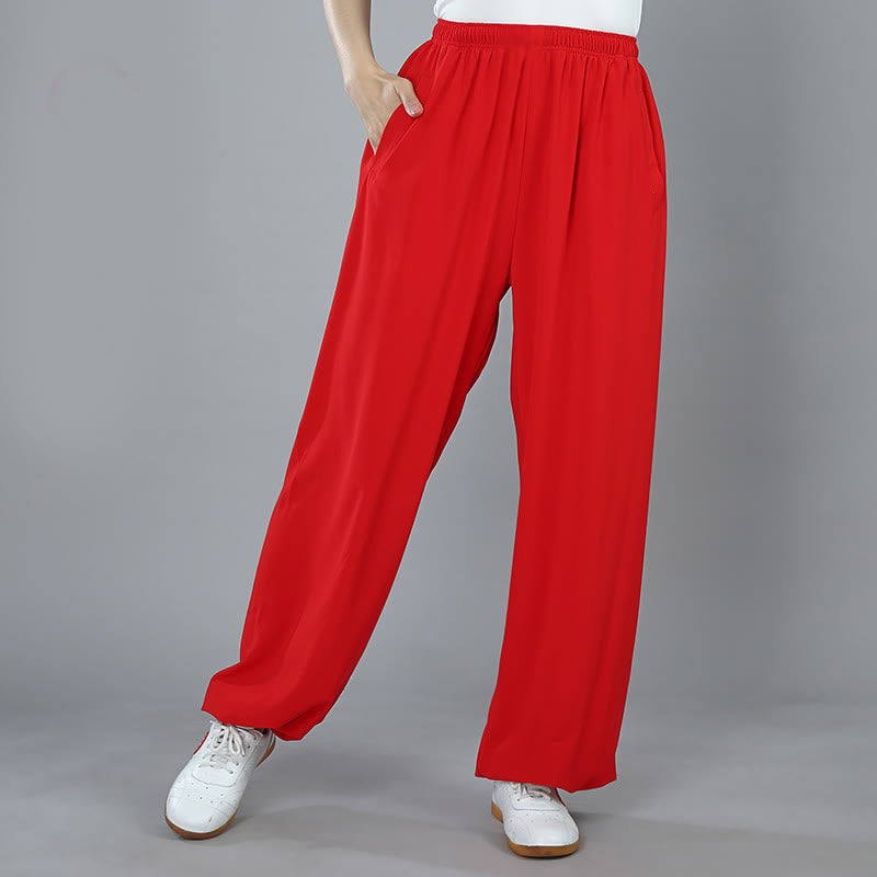 Foviel Sommer Unisex elastische Taille Tai Chi Kung Fu Qigong Praxis Baumwolle Atmungsaktive Hose mit Taschen
