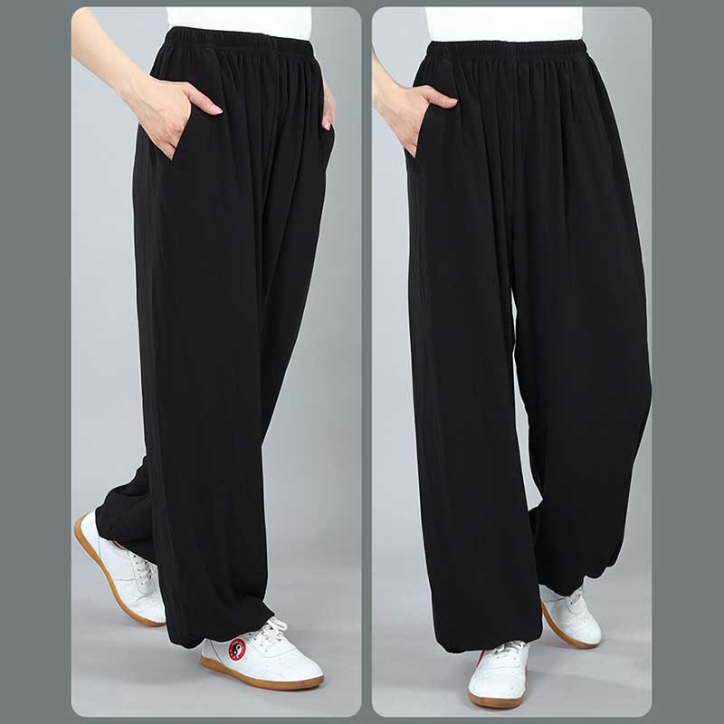Foviel Sommer Unisex elastische Taille Tai Chi Kung Fu Qigong Praxis Baumwolle Atmungsaktive Hose mit Taschen