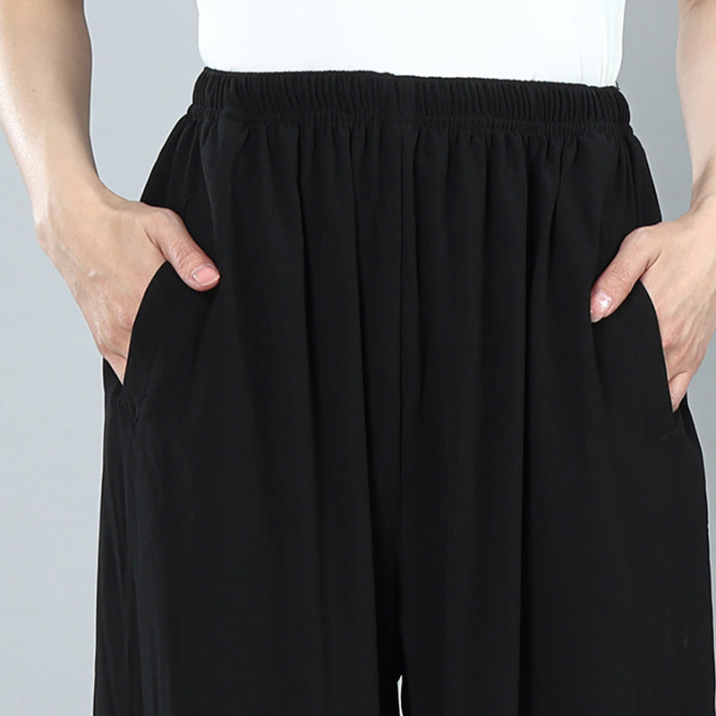 Foviel Sommer Unisex elastische Taille Tai Chi Kung Fu Qigong Praxis Baumwolle Atmungsaktive Hose mit Taschen