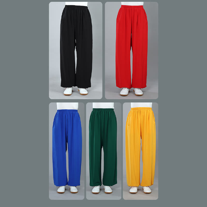 Foviel Sommer Unisex elastische Taille Tai Chi Kung Fu Qigong Praxis Baumwolle Atmungsaktive Hose mit Taschen
