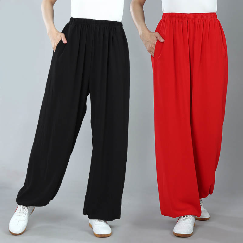 Foviel Sommer Unisex elastische Taille Tai Chi Kung Fu Qigong Praxis Baumwolle Atmungsaktive Hose mit Taschen