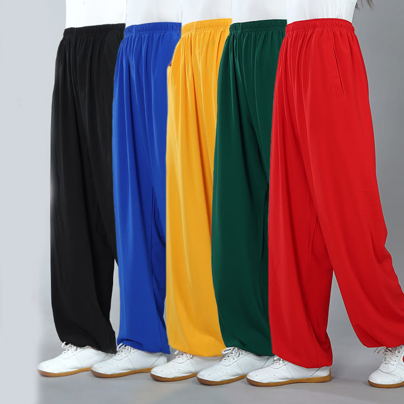 Pantalon de Tai Chi, Kung Fu et Qigong unisexe Foviel pour l'été, taille élastique, en coton respirant avec poches
