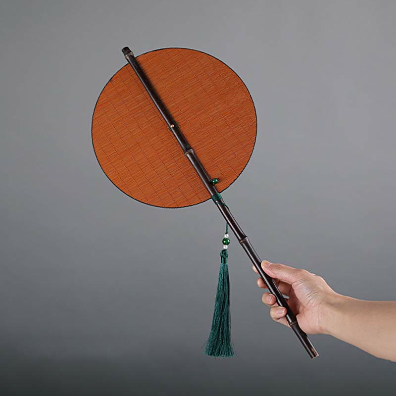 Buddha Stones Chinese Style Handmade Bamboo Long Handle Portable Curlable Fan Fan BS SandyBrown Round Style 23*50cm