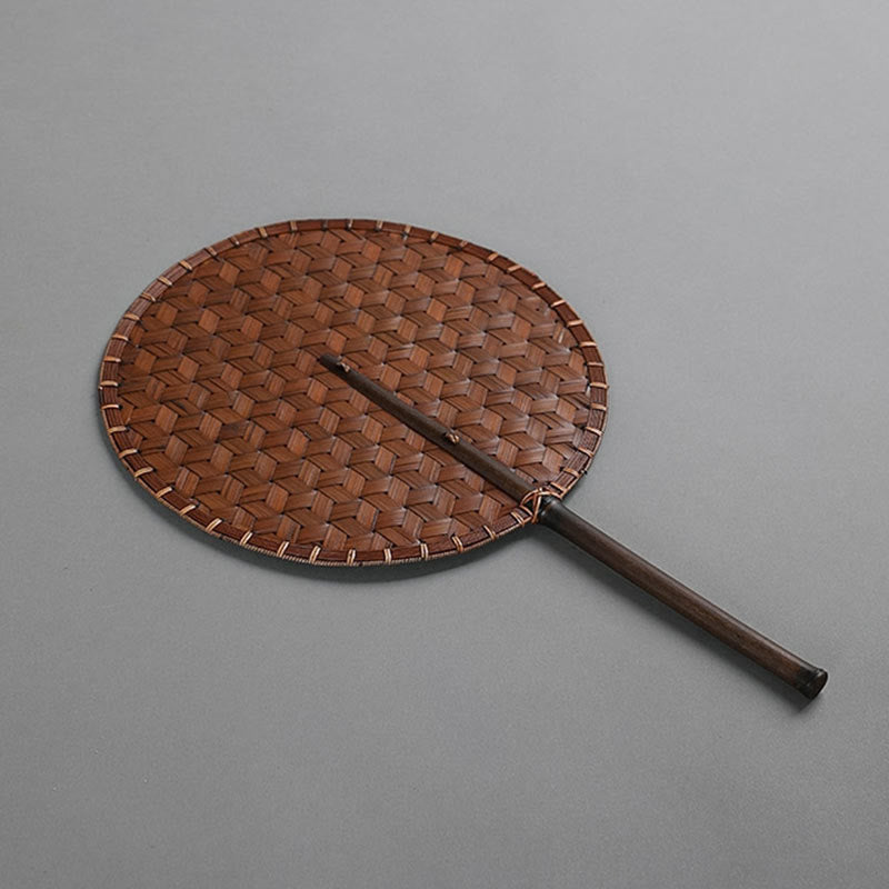 Buddha Stones Vintage Chinese Style Handmade Round Octagonal Shaped Bamboo Long Handle Fan Fan BS 9