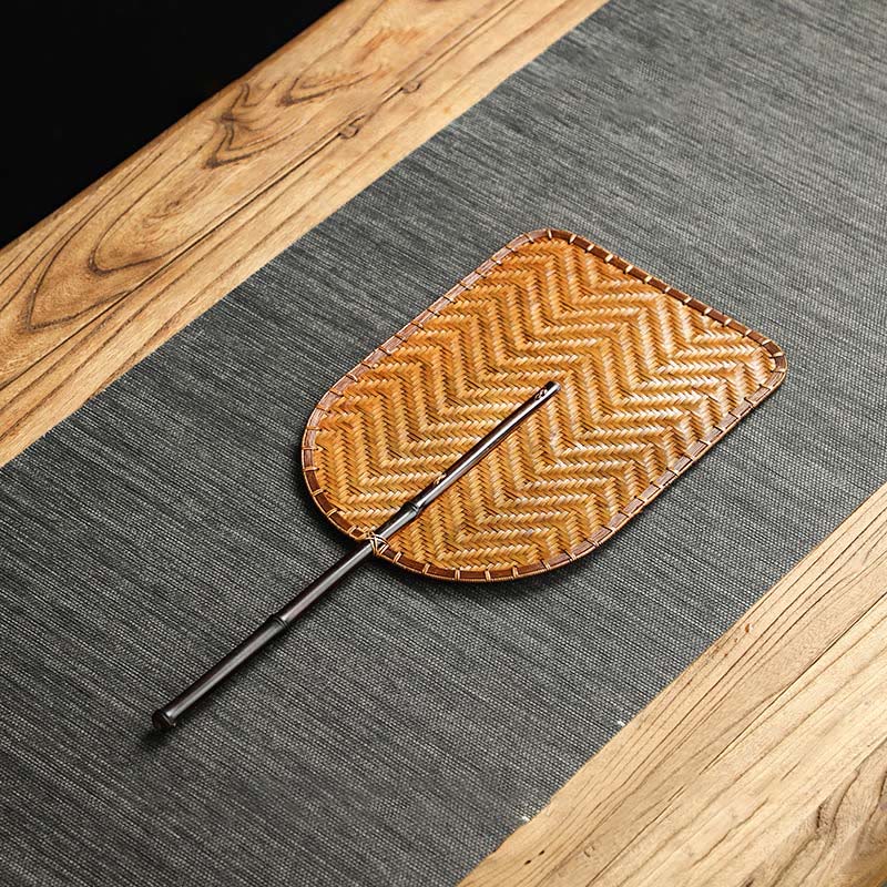 Buddha Stones Chinese Style Handmade Bamboo Woven Round Oval Banana Shape Long Handle Fan Fan BS Bamboo Woven Banana Fan 20.5*45cm