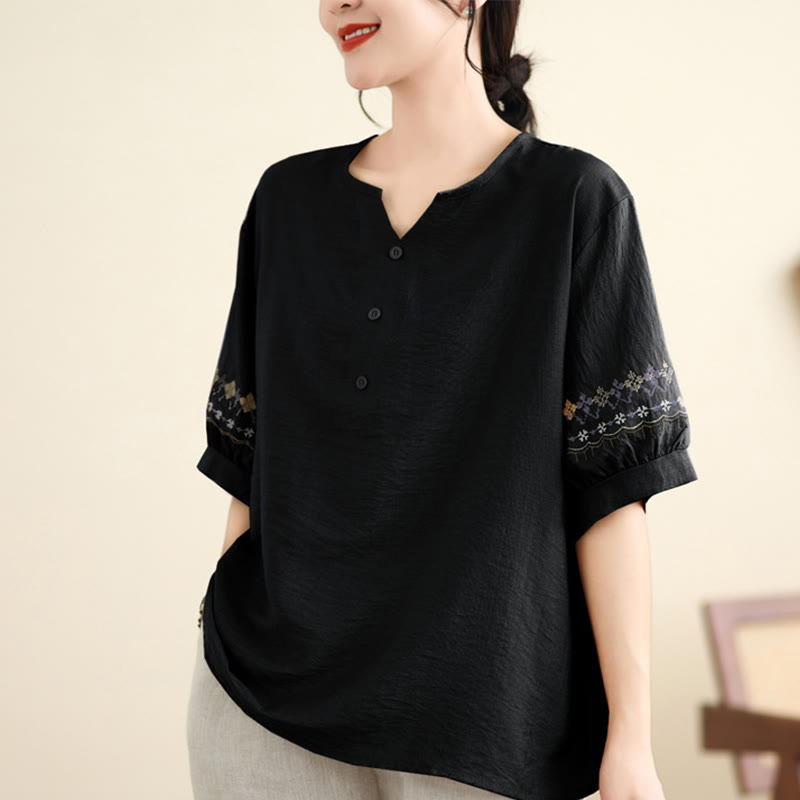 Buddha Stones Vintage Half Sleeve Embroidery Design Cotton Linen T-shirt Tee - Black - US4-6,UK/AU8-10,EU36-38 (F) - image 4