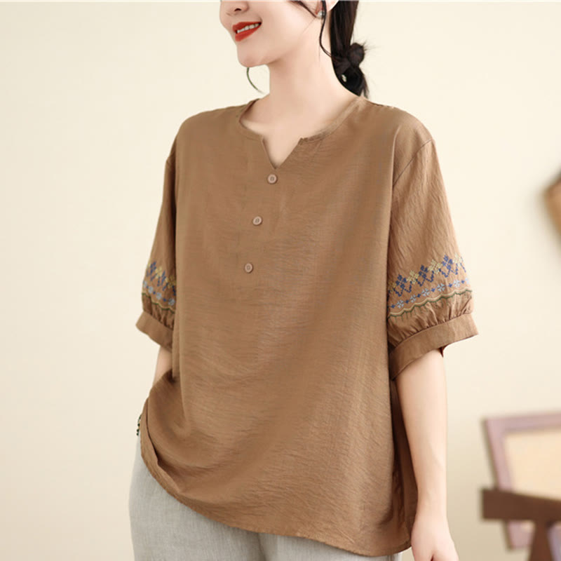 Buddha Stones Vintage Half Sleeve Embroidery Design Cotton Linen T-shirt Tee - BurlyWood - US4-6,UK/AU8-10,EU36-38 (F) - image 7