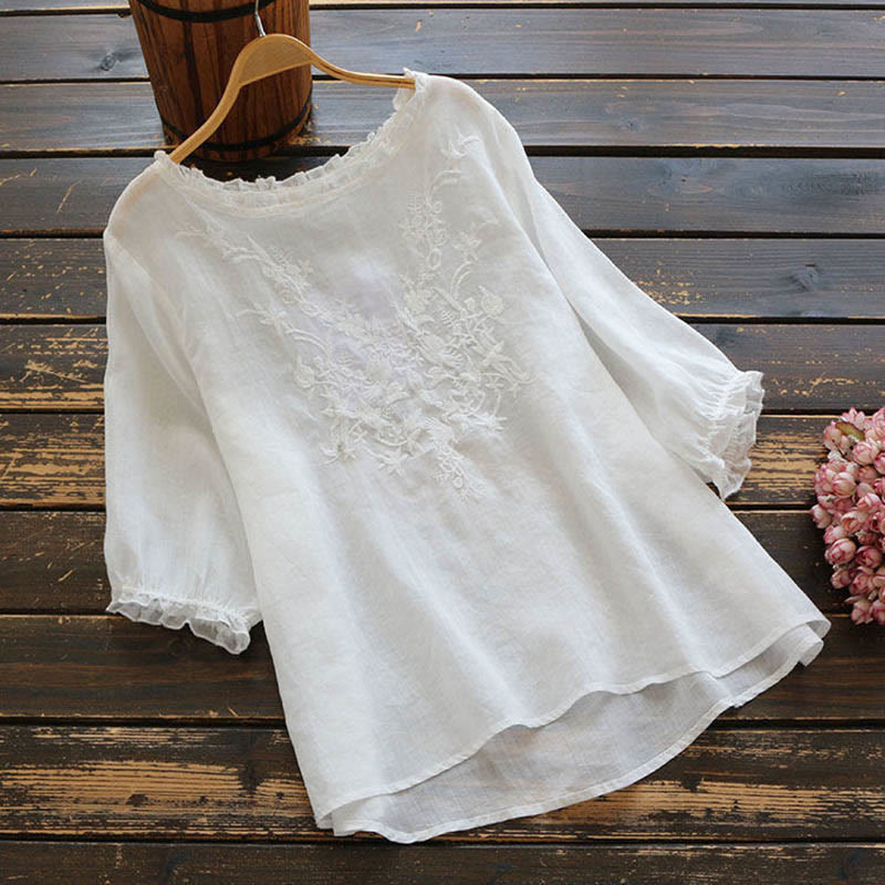 Buddha Stones Women's Flower Embroidery Design Crew Neck T-shirt Tee - White - US14,UK/AU18,EU46 (4XL) - image 2