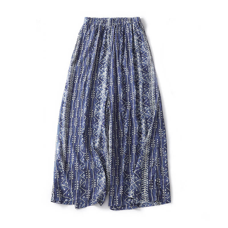 Buddha Stones Blue Stripes Print Cotton Linen Wide Leg Pants With Pockets Women's Wide Leg Pants BS 1