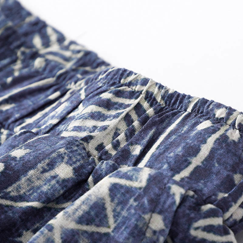 Buddha Stones Blue Stripes Print Cotton Linen Wide Leg Pants With Pockets Women's Wide Leg Pants BS 4