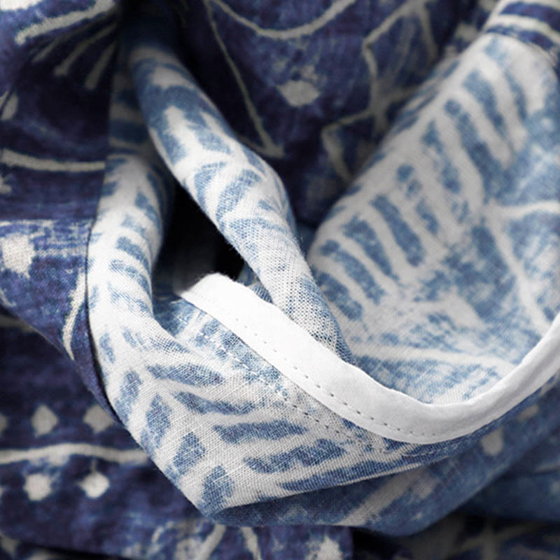 Buddha Stones Blue Stripes Print Cotton Linen Wide Leg Pants With Pockets Women's Wide Leg Pants BS 8