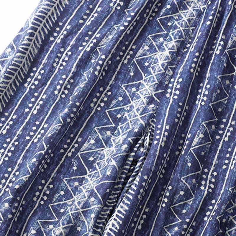 Buddha Stones Blue Stripes Print Cotton Linen Wide Leg Pants With Pockets Women's Wide Leg Pants BS 6