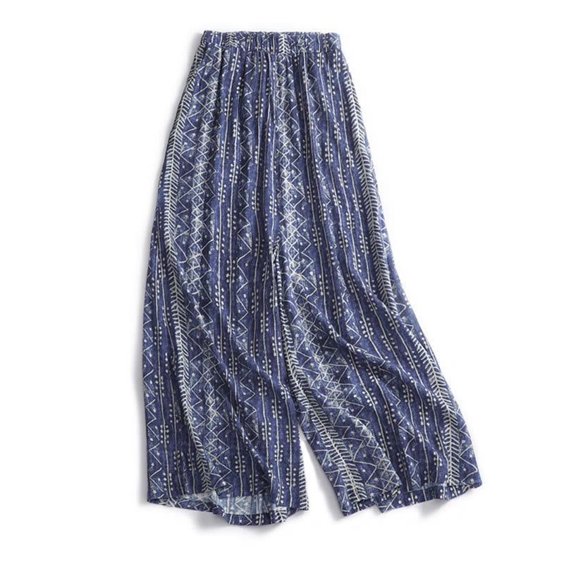 Buddha Stones Blue Stripes Print Cotton Linen Wide Leg Pants With Pockets Women's Wide Leg Pants BS 2XL(Fit for US8-10; UK/AU12-14; EU40-42)