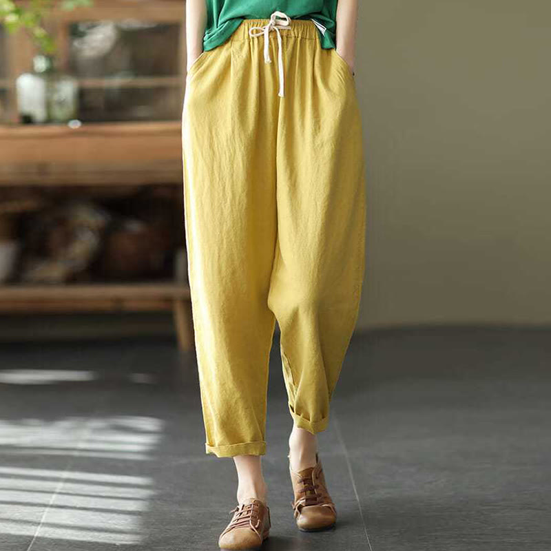 Buddha Stones Casual Women's Cotton Drawstring Harem Pants With Pockets - LemonChiffon - US14,UK/AU18,EU46 (4XL) - image 5