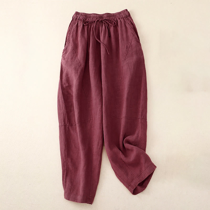Buddha Stones Summer Women's Linen Drawstring Elastic Waist Harem Pants With Pockets - PaleVioletRed - US8-10,UK/AU12-14,EU40-42 (2XL) - image 0