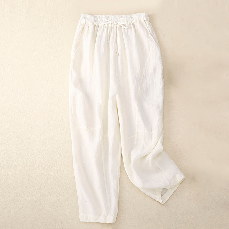 Buddha Stones Summer Women's Linen Drawstring Elastic Waist Harem Pants With Pockets - White - US8-10,UK/AU12-14,EU40-42 (2XL) - image 19