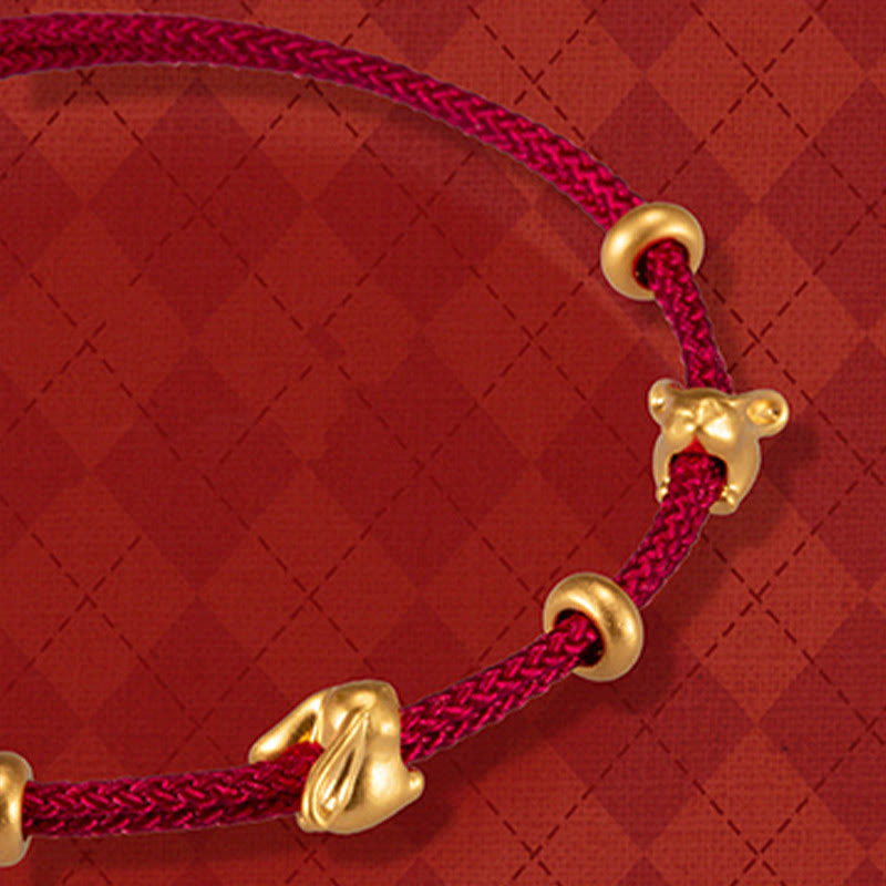 Buddha Stones 999 Gold Small Lucky Rabbit Osmanthus Design Handmade Luck Braided Rope Bracelet Bracelet BS Double Lucky Rabbit and Three Gold Beads(Gold About 0.58g) 21cm