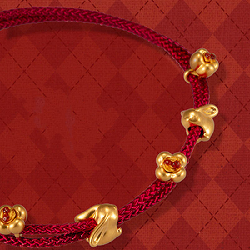 Buddha Stones 999 Gold Small Lucky Rabbit Osmanthus Design Handmade Luck Braided Rope Bracelet Bracelet BS Gold Osmanthus Double Rabbit(Gold About 0.8g) 21cm