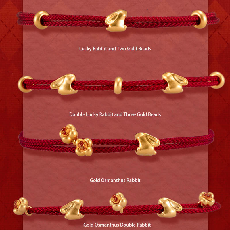 Buddha Stones 999 Gold Small Lucky Rabbit Osmanthus Design Handmade Luck Braided Rope Bracelet Bracelet BS 1