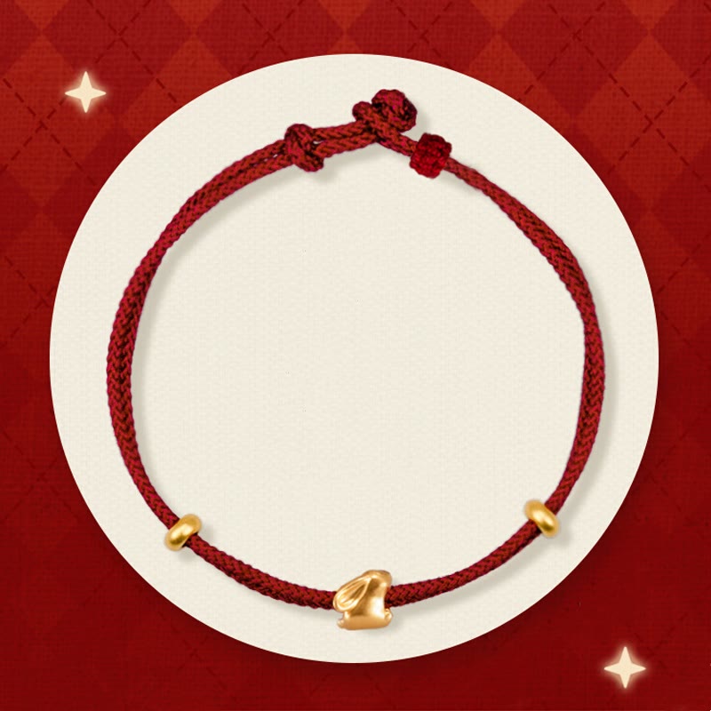 Buddha Stones 999 Gold Small Lucky Rabbit Osmanthus Design Handmade Luck Braided Rope Bracelet Bracelet BS Lucky Rabbit and Two Gold Beads(Gold About 0.31g) 21cm