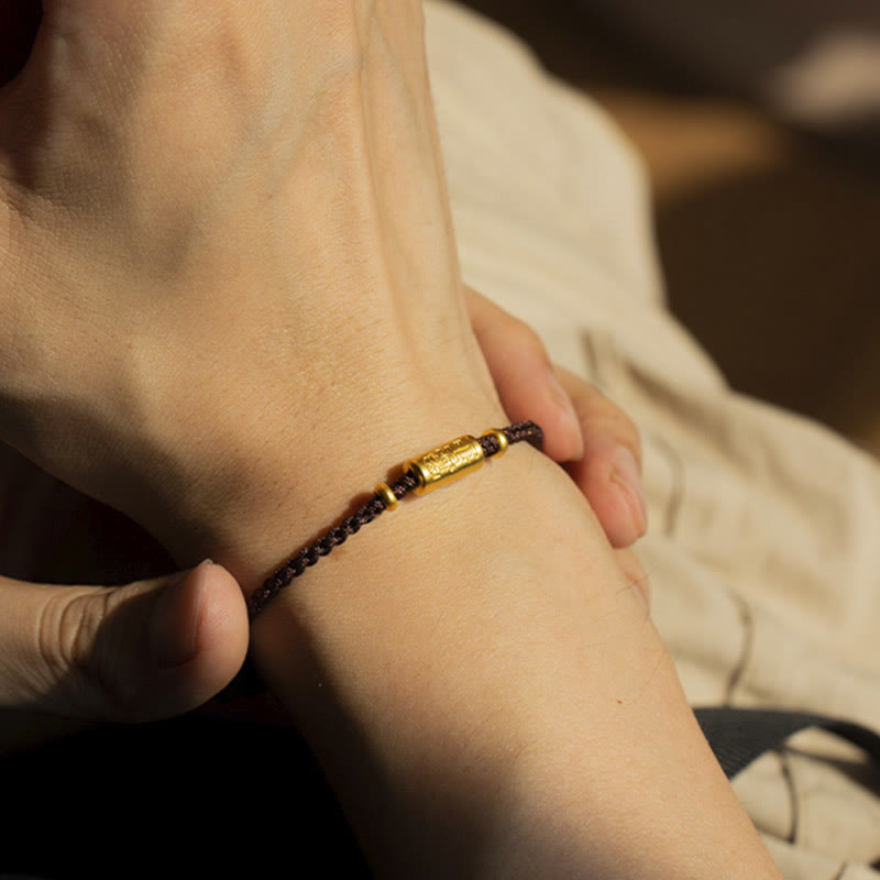 Buddha Stones 999 Gold Good Luck Amulet Carved Design Handmade Strength Braided Rope Bracelet Bracelet BS Brown(Gold About 0.68g) 21cm