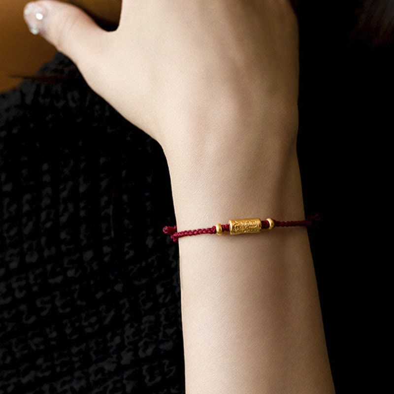Buddha Stones 999 Gold Good Luck Amulet Carved Design Handmade Strength Braided Rope Bracelet Bracelet BS Wine Red(Gold About 0.68g) 21cm