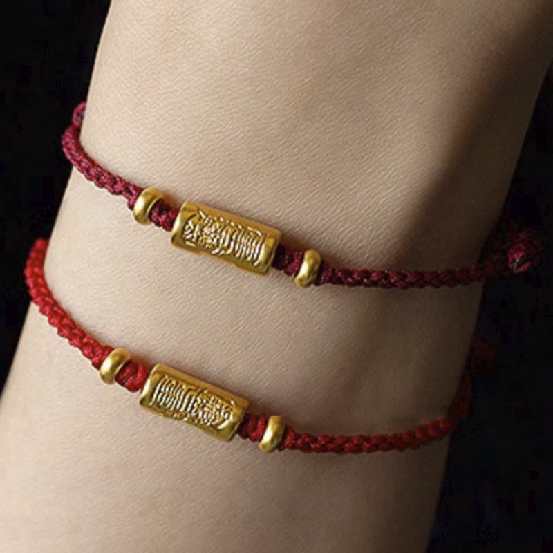 Buddha Stones 999 Gold Good Luck Amulet Carved Design Handmade Strength Braided Rope Bracelet Bracelet BS main