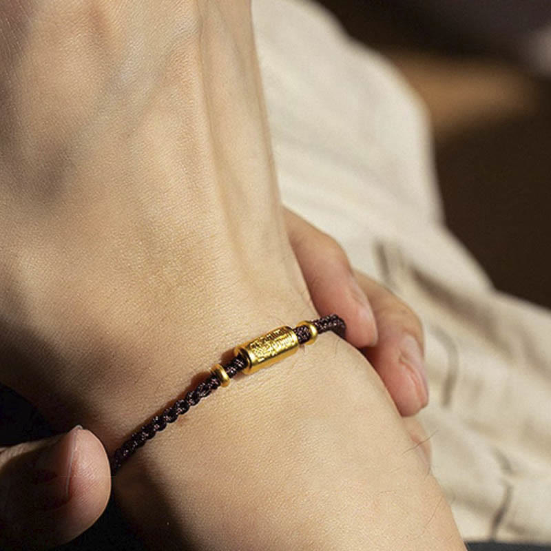 Buddha Stones 999 Gold Good Luck Amulet Carved Design Handmade Strength Braided Rope Bracelet Bracelet BS 13