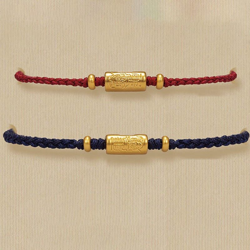 Buddha Stones 999 Gold Good Luck Amulet Carved Design Handmade Strength Braided Rope Bracelet Bracelet BS 17