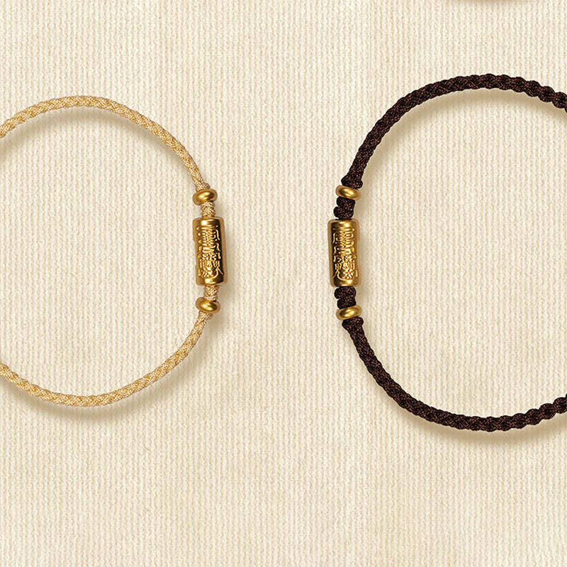 Buddha Stones 999 Gold Good Luck Amulet Carved Design Handmade Strength Braided Rope Bracelet Bracelet BS 18