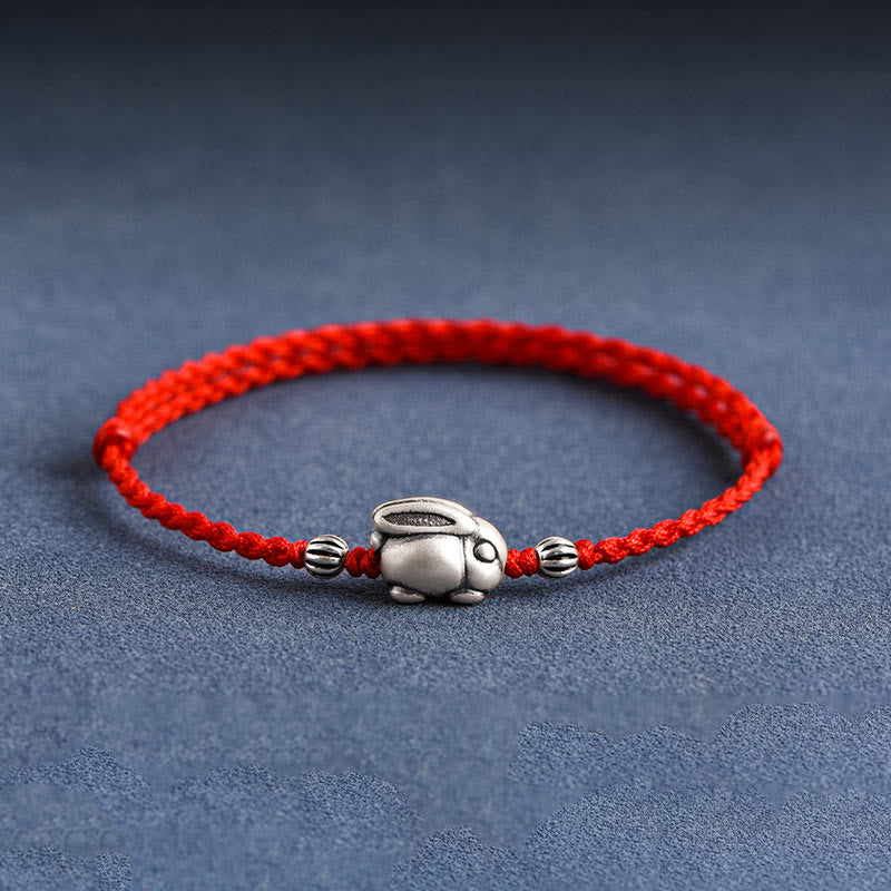 Buddha Stones Handmade 999 Sterling Silver Rabbit Luck Rope Bracelet Anklet Bracelet Anklet BS Large Rabbit Anklet(Circumference 18-30cm) Red