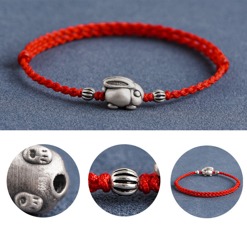 Buddha Stones Handmade 999 Sterling Silver Rabbit Luck Rope Bracelet Anklet Bracelet Anklet BS 8