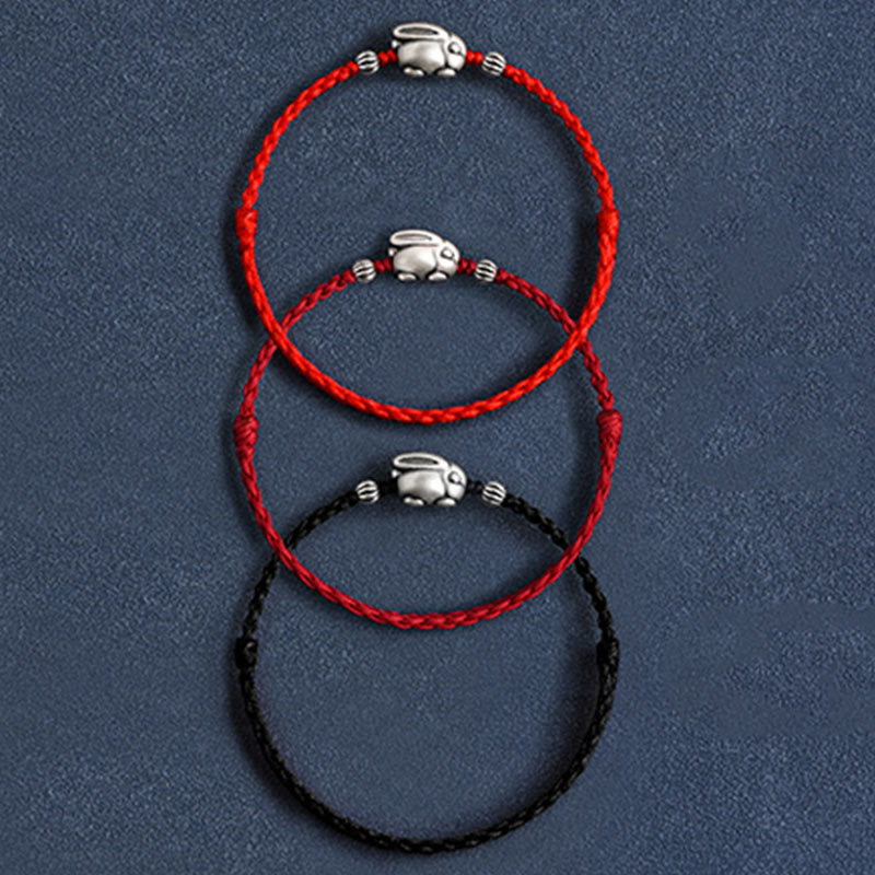 Buddha Stones Handmade 999 Sterling Silver Rabbit Luck Rope Bracelet Anklet Bracelet Anklet BS 27