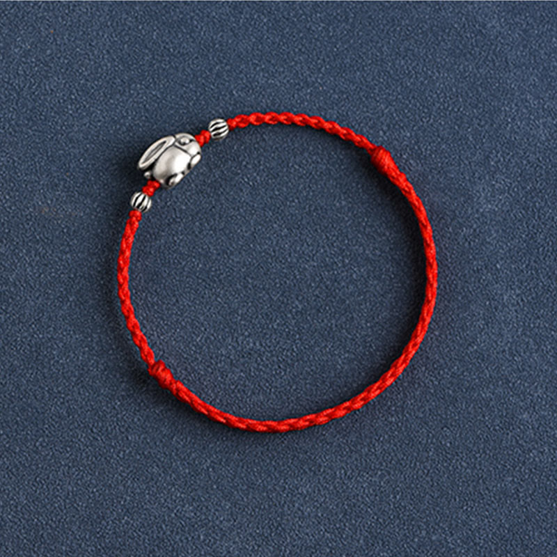 Buddha Stones Handmade 999 Sterling Silver Rabbit Luck Rope Bracelet Anklet Bracelet Anklet BS 12