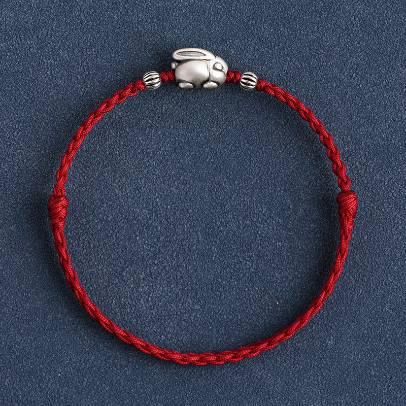 Buddha Stones Handmade 999 Sterling Silver Rabbit Luck Rope Bracelet Anklet Bracelet Anklet BS Large Rabbit Anklet(Circumference 18-30cm) Dark Red
