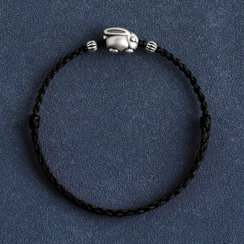 Buddha Stones Handmade 999 Sterling Silver Rabbit Luck Rope Bracelet Anklet Bracelet Anklet BS Large Rabbit Anklet(Circumference 18-30cm) Black