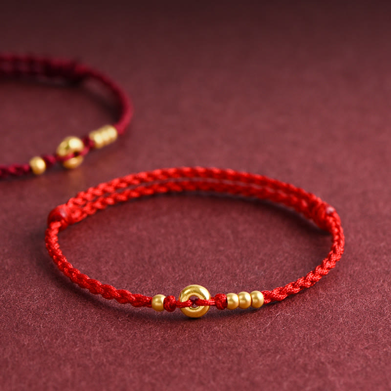 Buddha Stones 999 Gold Small Peace Buckle Design Handmade Luck Braided Rope Bracelet Anklet Bracelet BS Anklet(Circumference 18-30cm) Red
