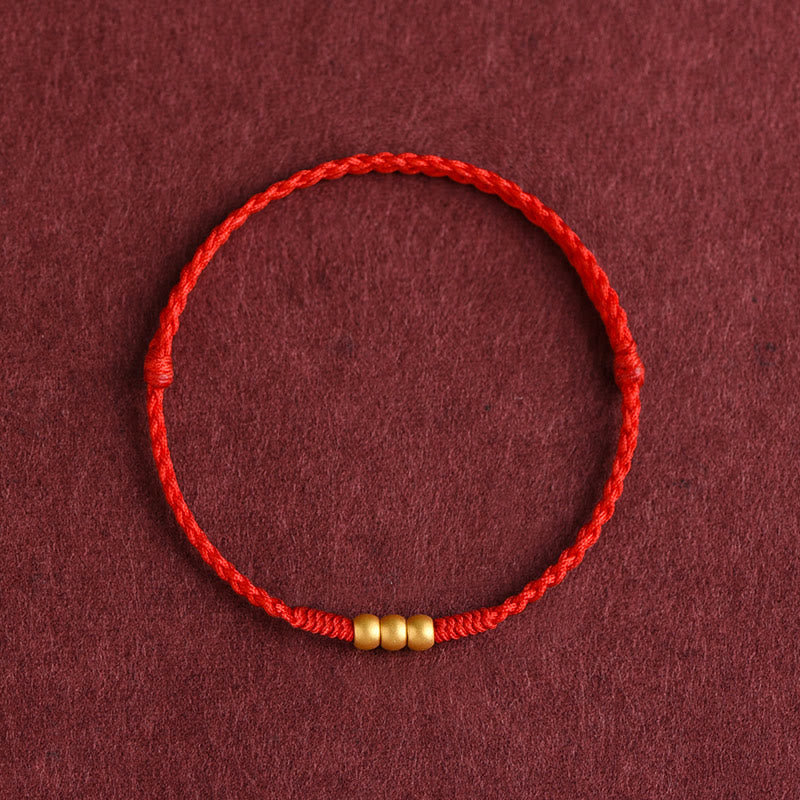 Buddha Stones 999 Gold Mini Three Beads Design Handmade Luck Rope Bracelet Anklet Bracelet BS Anklet(Circumference 18-30cm) Red
