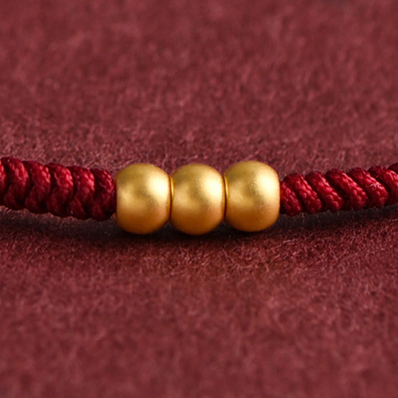 Buddha Stones 999 Gold Mini Three Beads Design Handmade Luck Rope Bracelet Anklet Bracelet BS 8