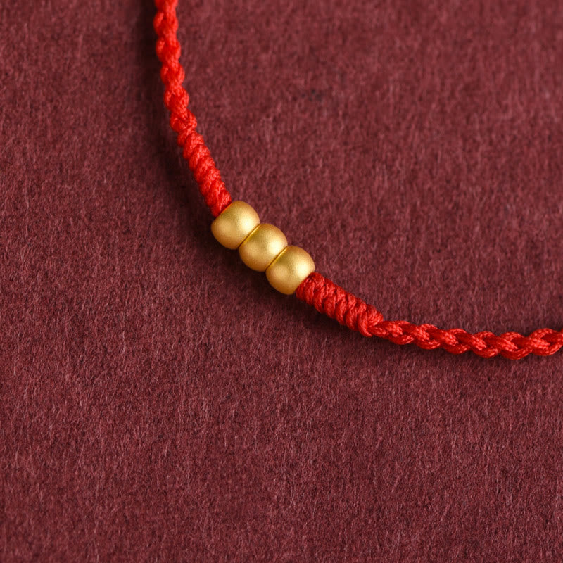 Buddha Stones 999 Gold Mini Three Beads Design Handmade Luck Rope Bracelet Anklet Bracelet BS 1