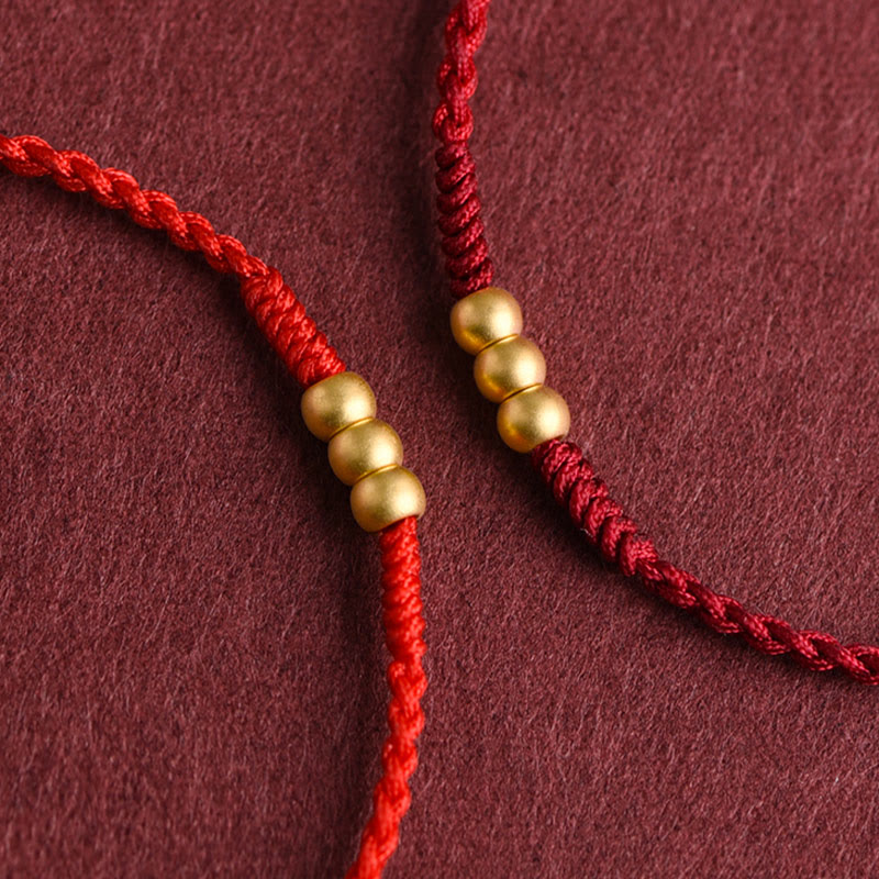 Buddha Stones 999 Gold Mini Three Beads Design Handmade Luck Rope Bracelet Anklet Bracelet BS 4