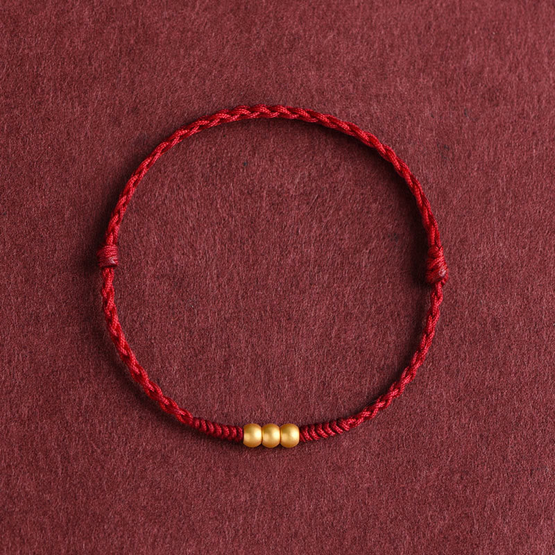 Buddha Stones 999 Gold Mini Three Beads Design Handmade Luck Rope Bracelet Anklet Bracelet BS Anklet(Circumference 18-30cm) Dark Red
